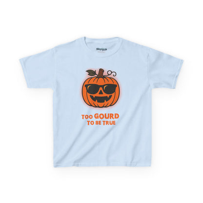 Trendy Halloween Vibes – Kids ‘Too Gourd to Be True’ Shirt for Fall Outings & Costumes