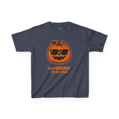 Trendy Halloween Vibes – Kids ‘Too Gourd to Be True’ Shirt for Fall Outings & Costumes